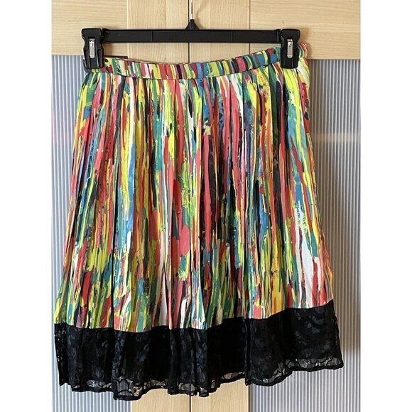 Prabal Gurung Pleated Colorful Skirt Abstract Print Nolita Black Lace Size 6 - Picture 1 of 3
